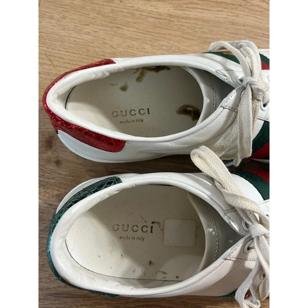 Gucci Ace Bee Sneakers Size 40 White Leather Green Red Web Stripe Italy Unisex